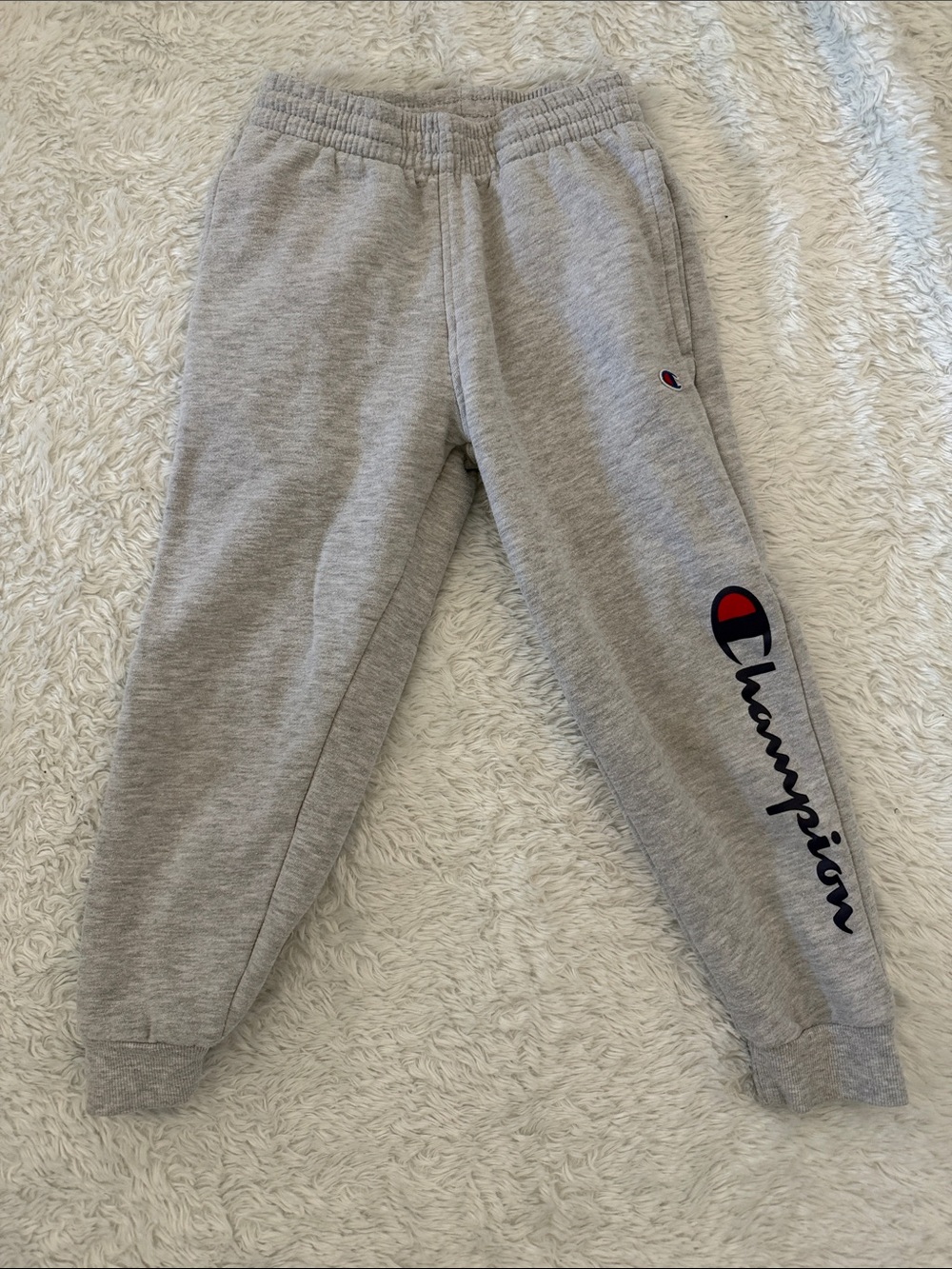 Champion Grey Sweatpants with Navy & Red Script Logo